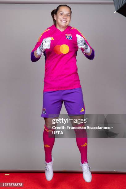 Laura Benkarth of Olympique Lyonnais poses for a portrait during the UEFA Women's Champions League Official Portraits shoot on October 17, 2023 in...