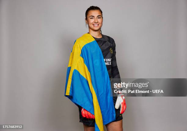 Zecira Musovic of Chelsea FC poses for a portrait during the UEFA Women's Champions League Official Portraits shoot on October 17, 2023 in Cobham,...