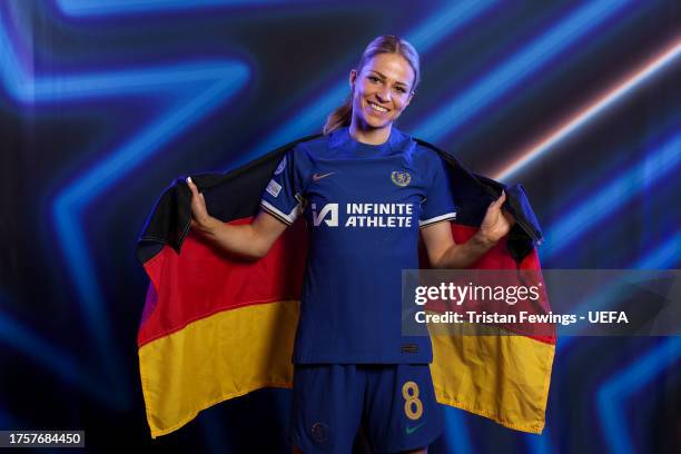 Melanie Leupolz of Chelsea FC poses for a portrait during the UEFA Women's Champions League Official Portraits shoot on October 17, 2023 in Cobham,...