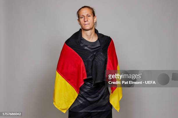 Ann-Katrin Berger of Chelsea FC poses for a portrait during the UEFA Women's Champions League Official Portraits shoot on October 17, 2023 in Cobham,...