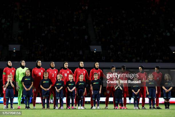 Iran sing the National Anthem during the AFC Women's Asian Olympic Qualifier match between Australia Matildas and IR Iran at HBF Park on October 26,...