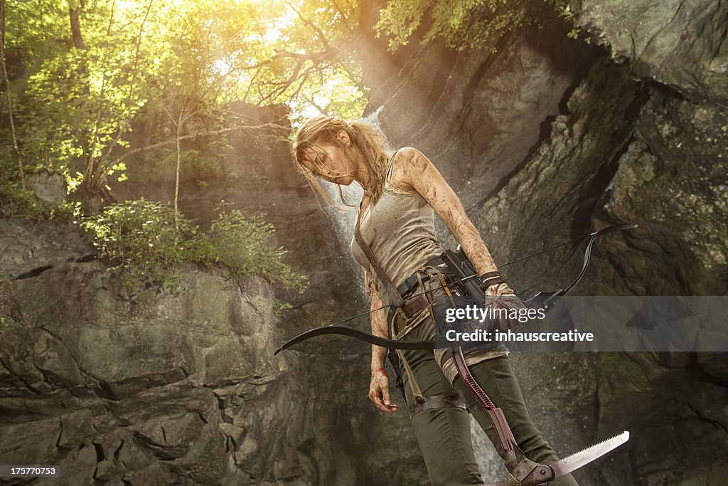 Female Heroine in the Jungle Hunting with Pick Axe