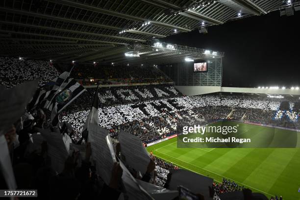 General view of the full stadium tifo before the UEFA Champions League match between Newcastle United FC and Borussia Dortmund at St. James Park on...