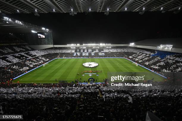 General view of the full stadium tifo before the UEFA Champions League match between Newcastle United FC and Borussia Dortmund at St. James Park on...