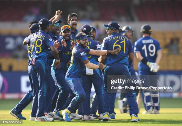 Sadeera Samarawickrama celebrates after the decision review that Chris Woakes was ruled caught during the ICC Men's Cricket World Cup India 2023...