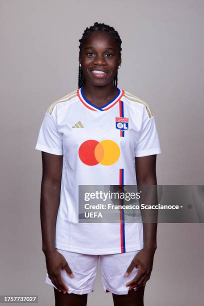 Griedge Mbock Bathy of Olympique Lyonnais poses for a portrait during the UEFA Women's Champions League Official Portraits shoot on October 17, 2023...