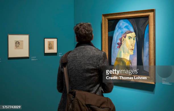 The painting 'Self-Portrait' pictured during the exhibition press preview of "Lyonel Feininger. Retrospektive" at Schirn Kunsthalle on October 26,...