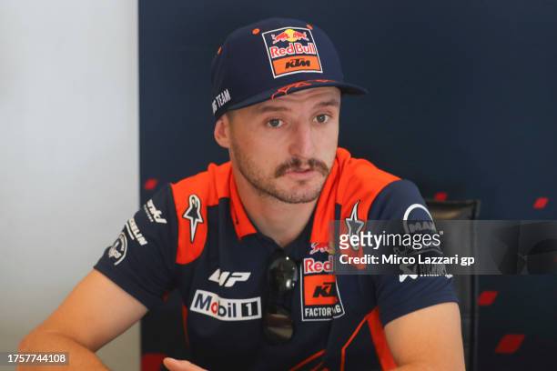 Jack Miller of Australia and Bull KTM Factory Racing speaks with journalists during the media scrum in media center during the MotoGP of Thailand -...