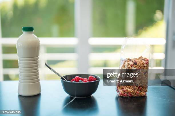 healthy breakfast on kitchen counter - fruits table top stock pictures, royalty-free photos & images