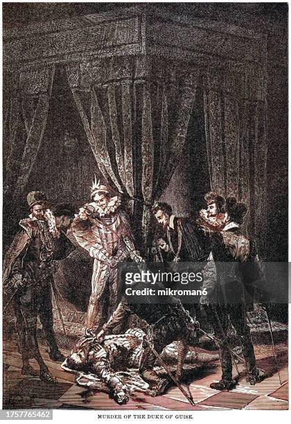 old engraved illustration of assassination of henry i duke of guise, by henry iii - woman body painting stock pictures, royalty-free photos & images