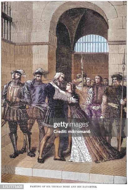 old engraved illustration of parting of sir thomas more or sir thomas more  (english lawyer, judge, social philosopher, author, statesman, and noted renaissance humanist) and his daughter - sir stock pictures, royalty-free photos & images