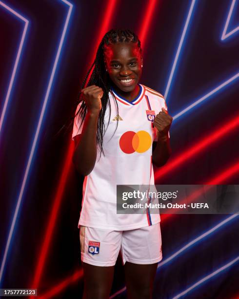 Griedge Mbock Bathy of Olympique Lyonnais poses for a portrait during the UEFA Women's Champions League Official Portraits shoot on October 17, 2023...