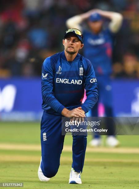 Joe Root of England reacts during the ICC Men's Cricket World Cup India 2023 between England and Sri Lanka at M. Chinnaswamy Stadium on October 26,...