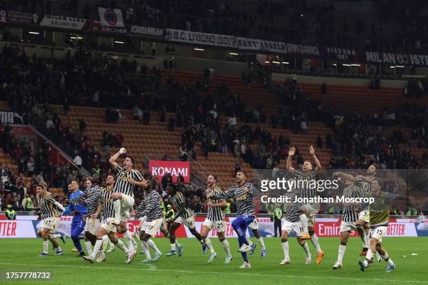 Juventus players celebrate the 1-0 victory following the final whistle of the Serie A TIM match between AC Milan and Juventus FC at Stadio Giuseppe...