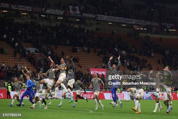 Juventus players celebrate the 1-0 victory following the final whistle of the Serie A TIM match between AC Milan and Juventus FC at Stadio Giuseppe...