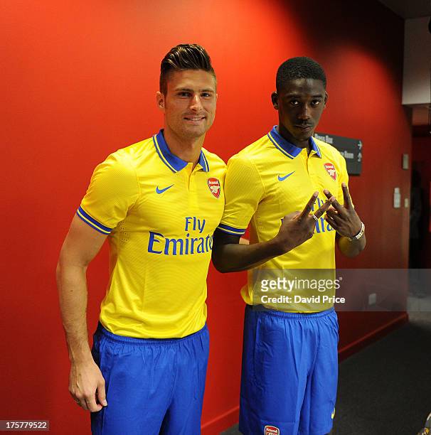 Olivier Giroud and Yaya Sanogo of Arsenal during the Arsenal Training session and Members Day at the Emirates Stadium on August 08, 2013 in London,...