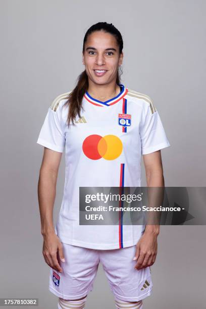 Amel Majri of Olympique Lyonnais poses for a portrait during the UEFA Women's Champions League Official Portraits shoot on October 17, 2023 in Lyon,...