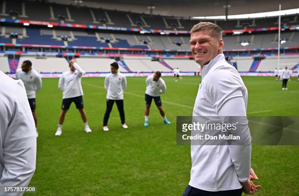 Owen Farrell of England looks on during the Captain's Run at Stade de France on October 26, 2023 in Paris, France.
