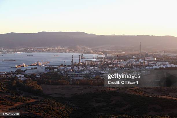 Large industrial complex near to the Rock of Gibraltar at sunset on August 7, 2013 in Puente Mayorga, Spain. David Cameron has spoken with his...