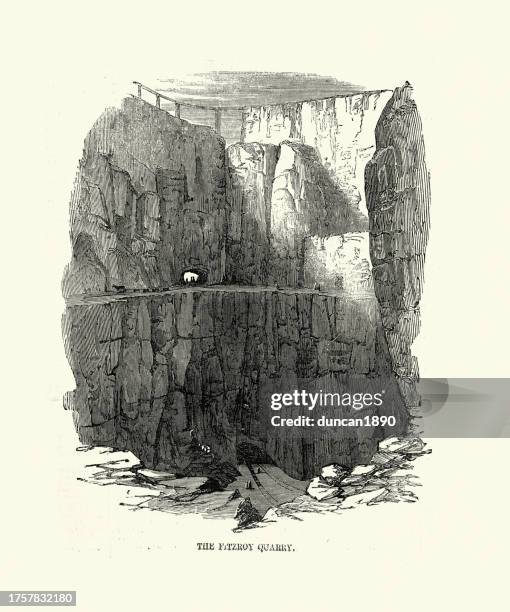 vintage illustration of penrhyn slate quarry, victorian, 1850s 19th century - penrhyn castle stock illustrations