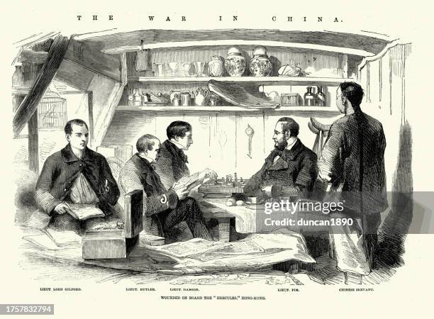 wounded british soldiers on the hercules, hong kong, playing chess, second opium war, victorian, 1850s 19th century - man playing chess stock illustrations
