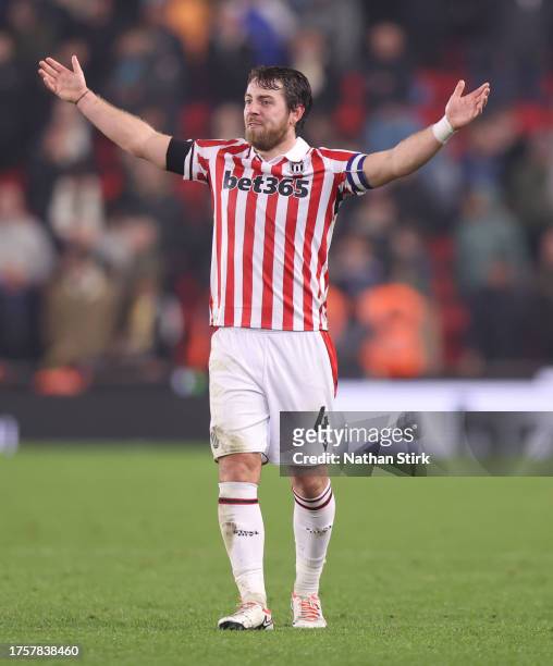 Ben Pearson of Stoke City gestures during the Sky Bet Championship match between Stoke City and Leeds United at Bet365 Stadium on October 25, 2023 in...