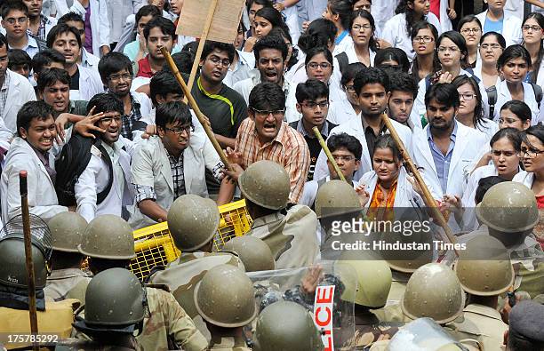 Delhi Police trying to stop medical students and doctors demonstrating during Save the Doctor campaign under the aegis of the Indian Medical...
