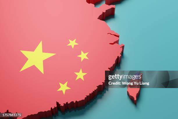 china and taiwan flag and taiwan straight map - taiwan imagens e fotografias de stock