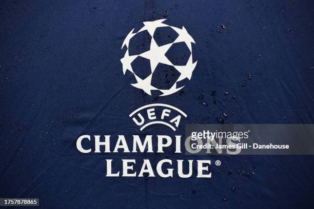 The UEFA Champions League logo is seen during the UEFA Champions League match between Newcastle United FC and Borussia Dortmund at St. James Park on...