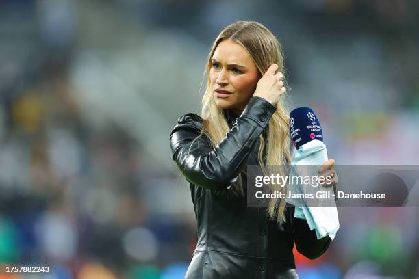 Sports presenter Laura Woods during the UEFA Champions League match between Newcastle United FC and Borussia Dortmund at St. James Park on October...
