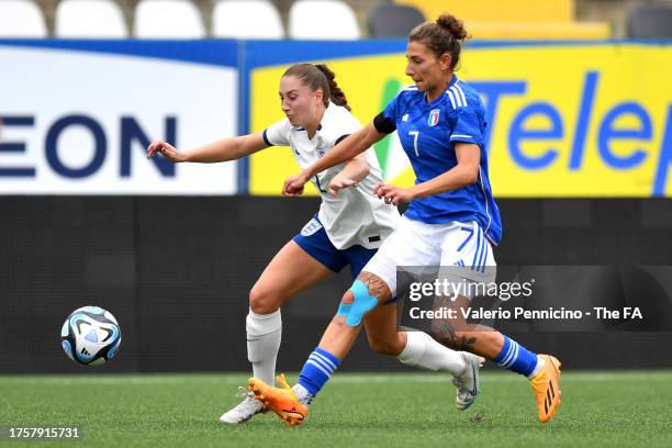 Miriam Chiara Longo of Italy and Ella Morris of England battle for possession during the Women's U23 European League match between Italy and England...