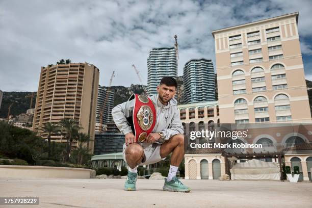 Joe Cordina with his IBF Super-Featherweight World Title in Monte Carlo ahead of his fight this weekend on November 1, 2023 in Monaco, Monaco.