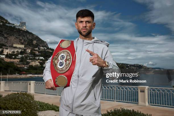 Joe Cordina with his IBF Super-Featherweight World Title in Monte Carlo ahead of his fight this weekend on November 1, 2023 in Monaco, Monaco.