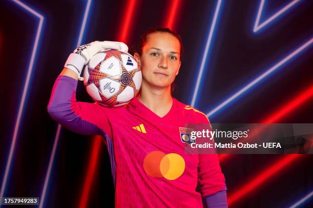 Laura Benkarth of Olympique Lyonnais poses for a portrait during the UEFA Women's Champions League Official Portraits shoot on October 17, 2023 in...