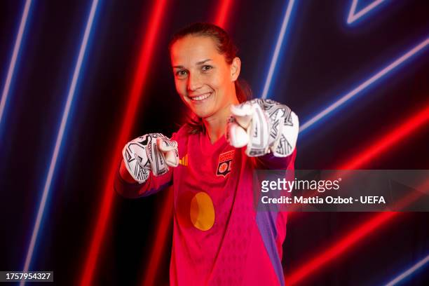 Laura Benkarth of Olympique Lyonnais poses for a portrait during the UEFA Women's Champions League Official Portraits shoot on October 17, 2023 in...