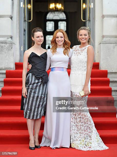 Actresses Lydia Wilson, Rachel McAdams and Margot Robbie attend the "About Time" world premiere at Somerset House on August 8, 2013 in London,...