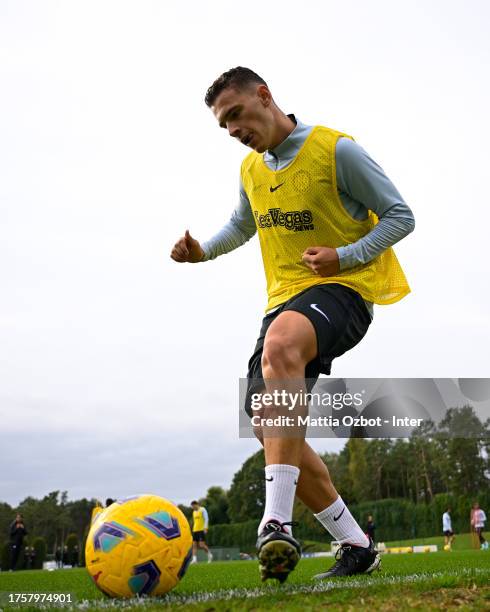 Kristjan Asllani of FC Internazionale in action during the FC Internazionale training session at the club's training ground Suning Training Center at...