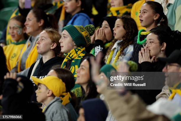Matildas fans show their support during the AFC Women's Asian Olympic Qualifier match between Australia Matildas and IR Iran at HBF Park on October...