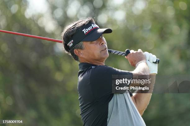 David Morland IV of Canada in action during Day One of the Sergio Melpignano Senior Italian Open at San Domenico Golf on October 26, 2023 in...