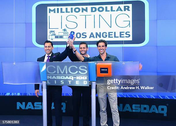 Million Dollar Listings Los Angeles" castmembers Josh Altman, Josh Flagg and Madison Hildebrand ring the closing bell at NASDAQ MarketSite at NASDAQ...