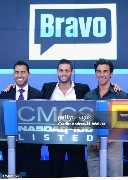 Million Dollar Listings Los Angeles" castmembers Josh Altman, Josh Flagg and Madison Hildebrand ring the closing bell at NASDAQ MarketSite at NASDAQ...