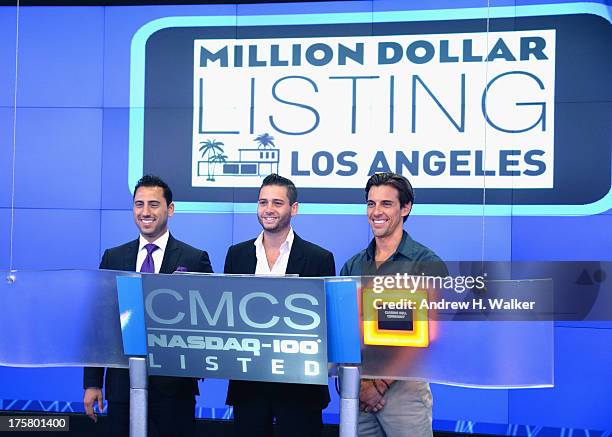 Million Dollar Listings Los Angeles" castmembers Josh Altman, Josh Flagg and Madison Hildebrand ring the closing bell at NASDAQ MarketSite at NASDAQ...