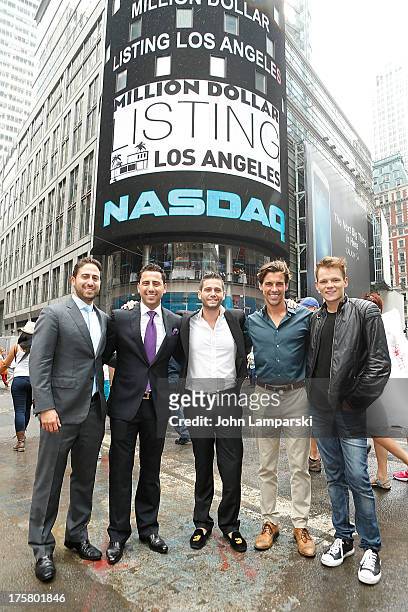 Million Dollar Listing cast members Josh Altman, Josh Flagg, Madison Hildebrand and guests ring the closing bell at the NASDAQ MarketSite on August...