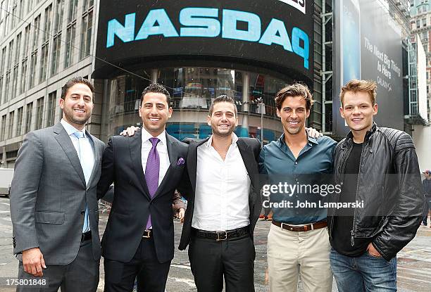 Million Dollar Listing cast members Josh Altman, Josh Flagg, Madison Hildebrand and guests ring the closing bell at the NASDAQ MarketSite on August...