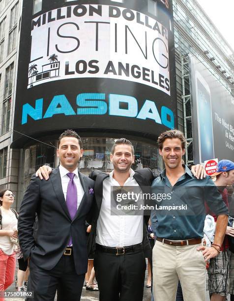 Josh Altman, Josh Flagg and Madison Hildebrand ring the closing bell at the NASDAQ MarketSite on August 8, 2013 in New York City.