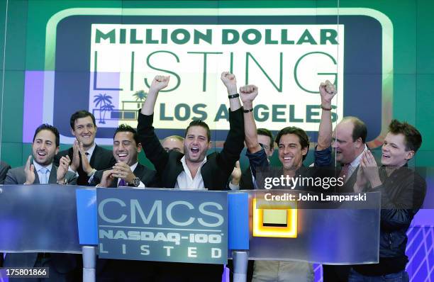 Million Dollar Listing cast members Josh Altman, Josh Flagg, Madison Hildebrand and guests ring the closing bell at the NASDAQ MarketSite on August...