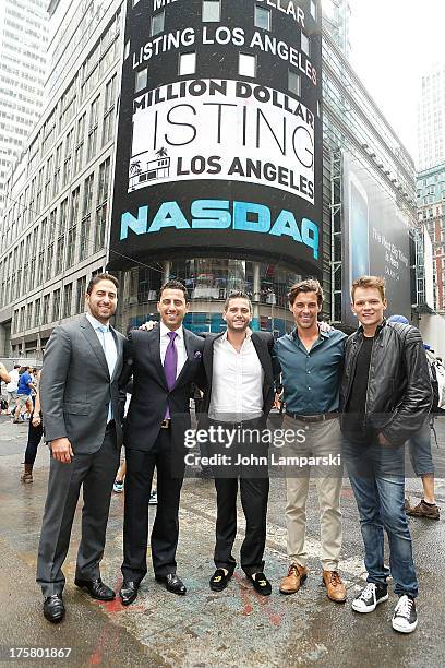 Million Dollar Listing cast members Josh Altman, Josh Flagg, Madison Hildebrand and guests ring the closing bell at the NASDAQ MarketSite on August...