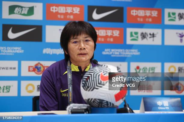 Shui Qingxia, head coach of China, attends a press conference after the AFC Women's Asian Olympic Qualifier match between China and DPR Korea at...
