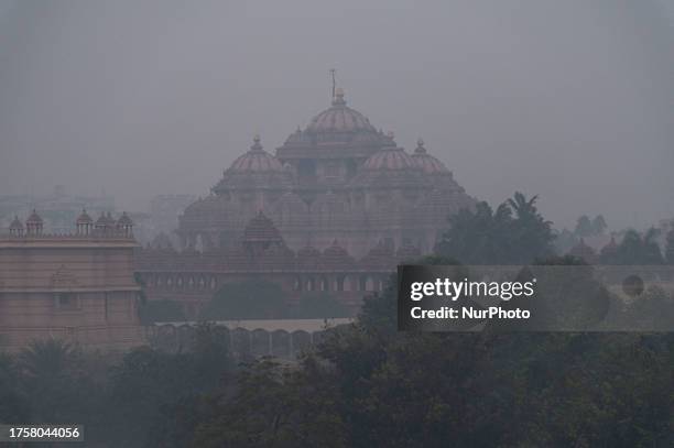 General view of the Akshardham temple is pictured amid smoggy conditions in New Delhi, India on November 1, 2023.