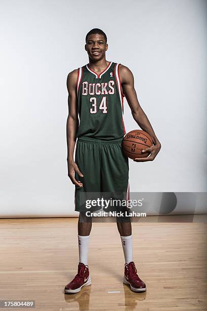 Giannis Antetokounmpo of the Milwaukee Bucks poses for a portrait during the 2013 NBA rookie photo shoot at the MSG Training Center on August 6, 2013...